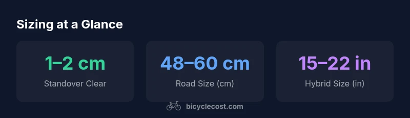 Infographic showing inseam-based sizing for road and hybrid bikes